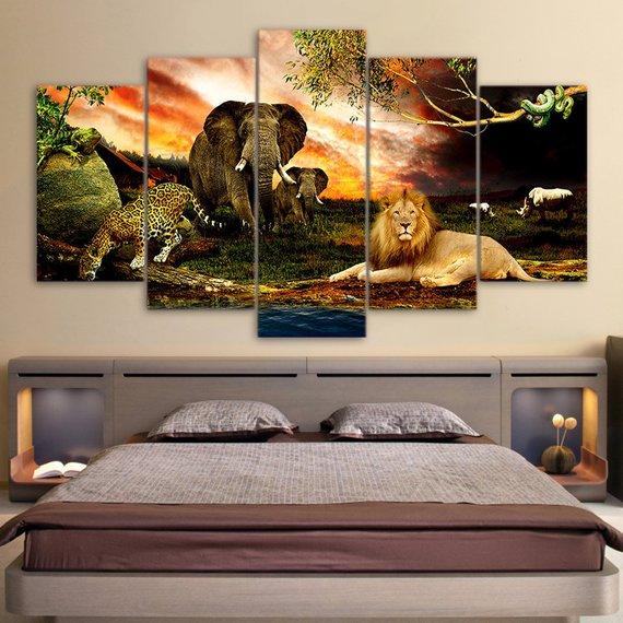 Lion Elephant Cheetah Forest Animals Animal 5 Panel Canvas Art Wall Decor Houston - Cheetah Home Decor
