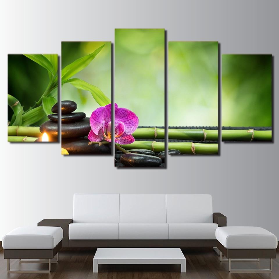 White Orchid Green Bamboo Spa 5 Pcs Canvas Wall Room Home Decorating Poster