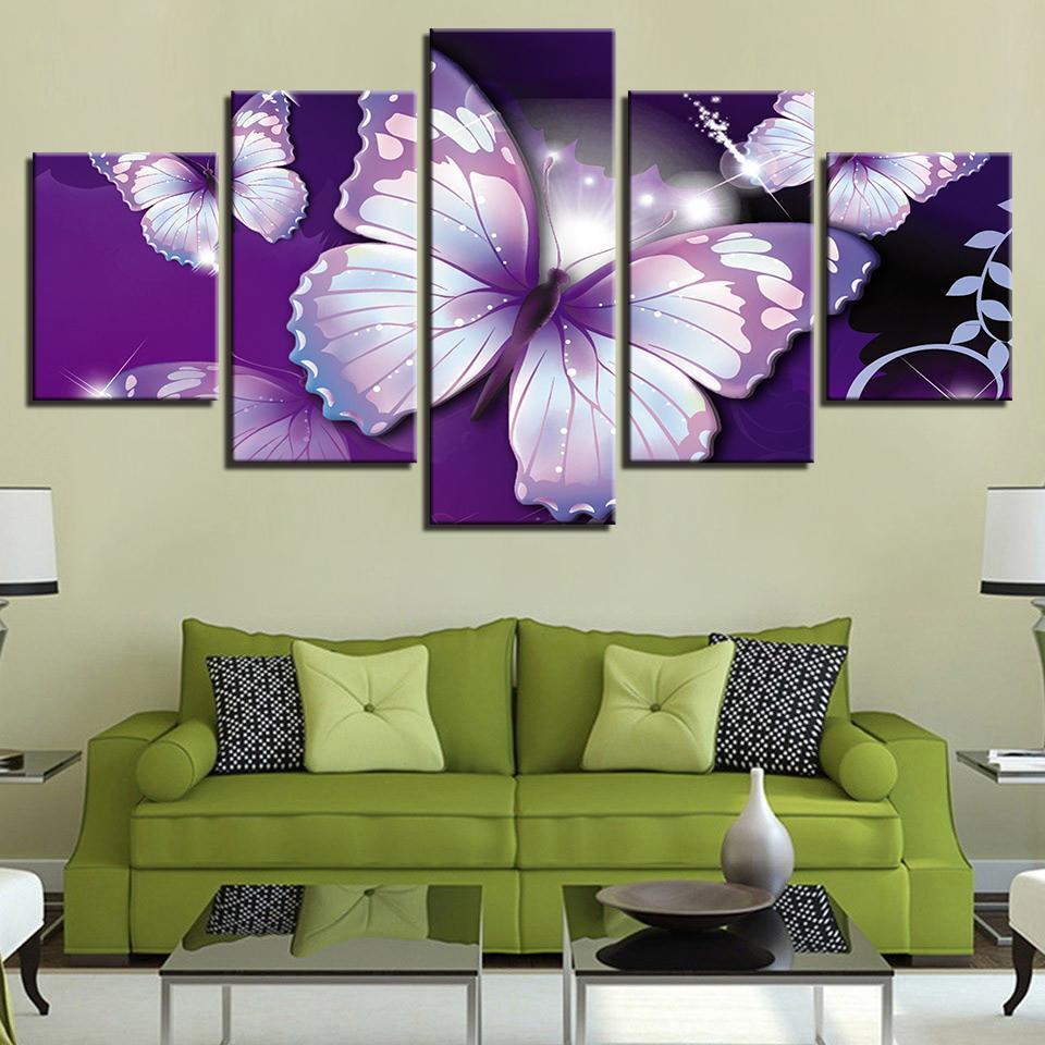 Abtract Purple Butterfly Animal 5 Piece Canvas Art Wall Art Picture Home Decor 